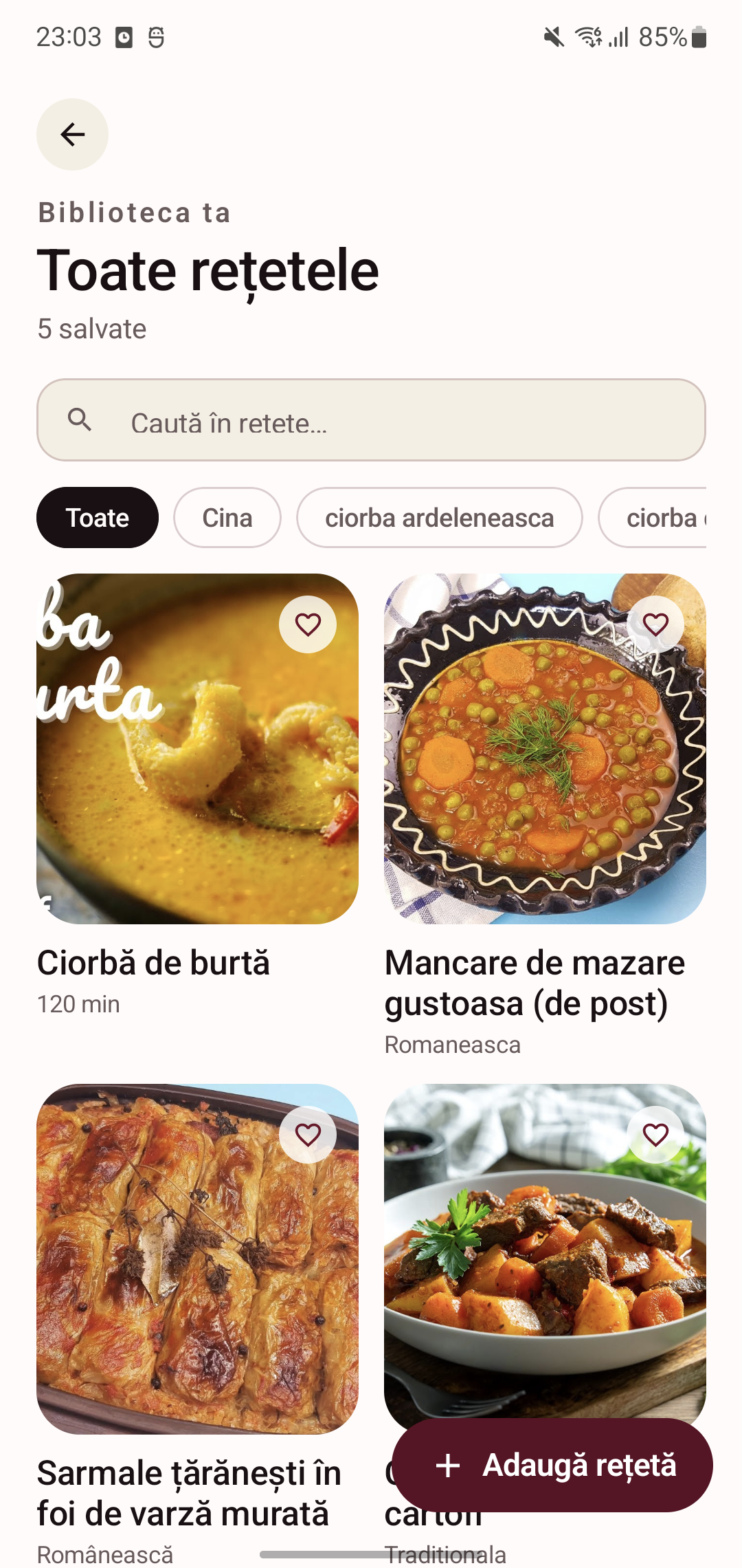 Ecranul „Toate rețetele” din aplicația Rețetele Mele